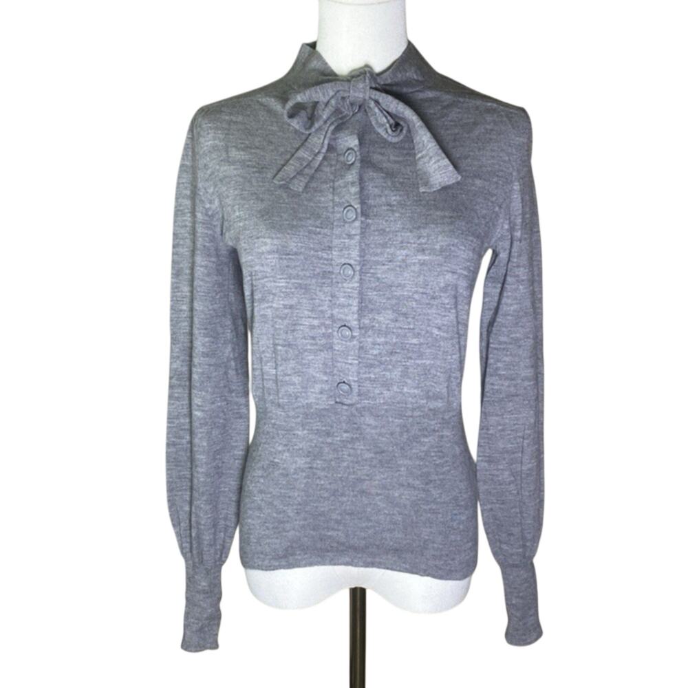 Banana Republic Gray Extra Fine Merino Wool Button-Front Tie-Neck Cardigan S